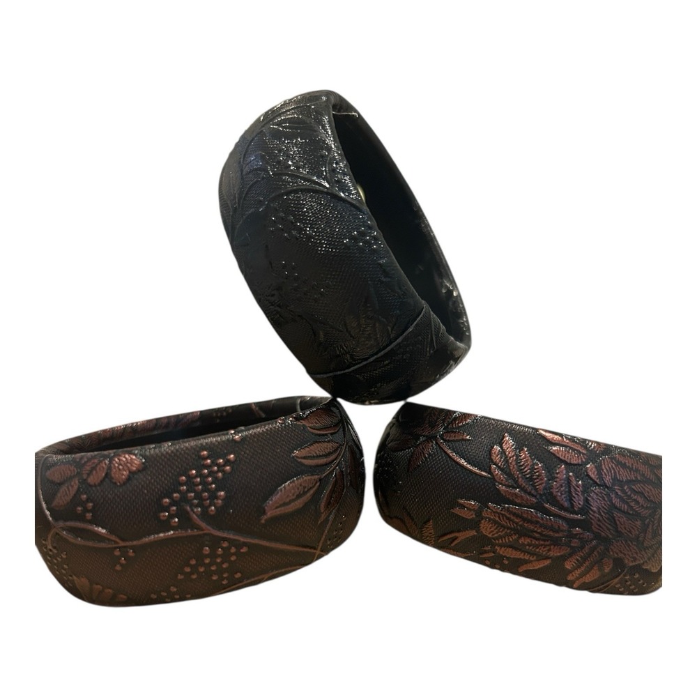 Set of 3 Chunky Cuff Bracelets Brown Black | Embossed Floral Wide Bangles